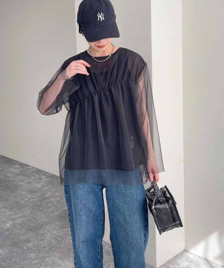 fredy emue「チュールシャーリングブラウス」|Tシャツ・カットソー|チャコールグレー