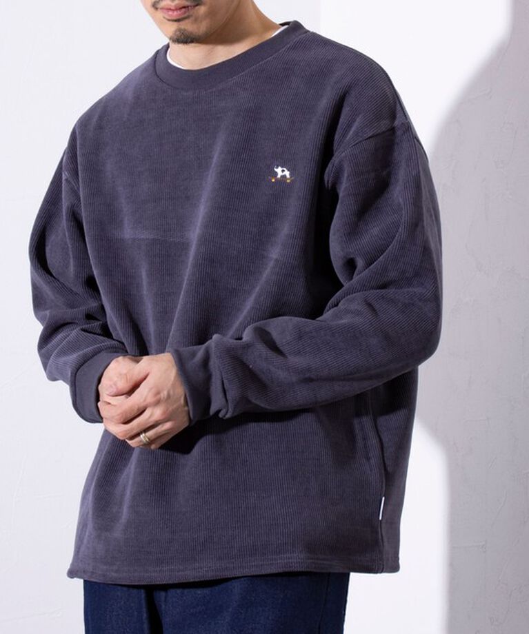 GLOSTER「【GLOSTER】フレンチブルドッグ刺繍 裏フリース コーデュロイ ボンディング プルオーバー」|スウェット・ジャージ|チャコールグレー