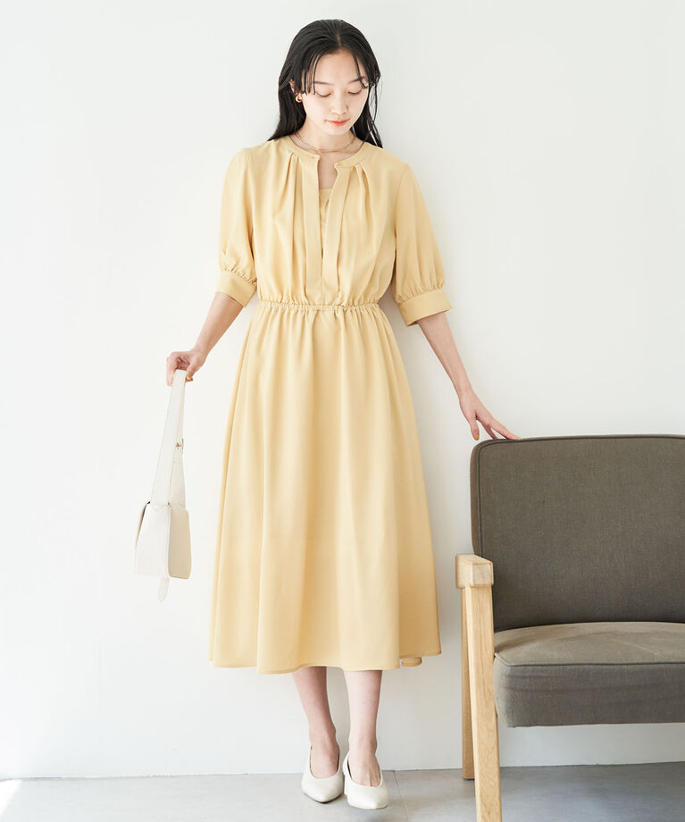 VIS「【EASY CARE】フロントタック5分袖ワンピース」|ワンピース|イエロー(80)