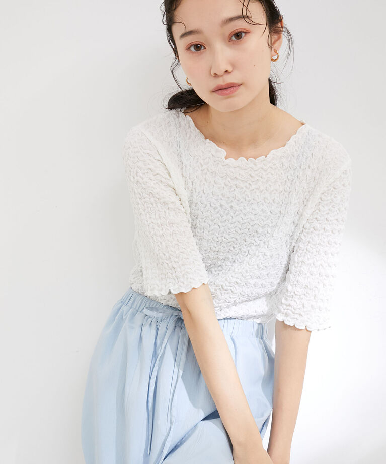 VIS「ふくれジャガード5分袖カットソー」|Tシャツ・カットソー|ホワイト(10)
