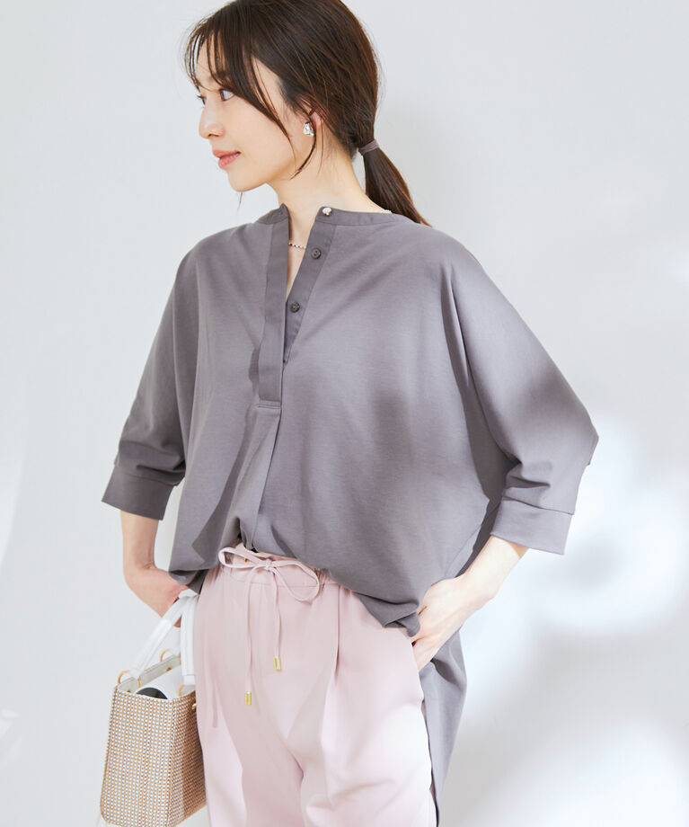 VIS「【接触冷感・洗える】ブロード衿切り替え5分袖ドルマンプルオーバー」|Tシャツ・カットソー|