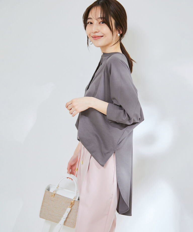 VIS「【接触冷感・洗える】ブロード衿切り替え5分袖ドルマンプルオーバー」|Tシャツ・カットソー|