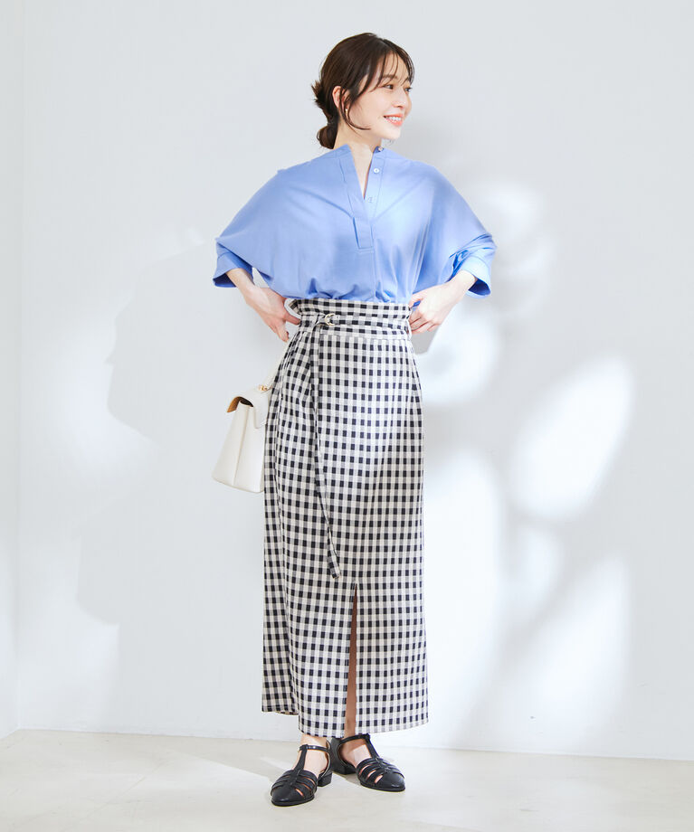 VIS「【接触冷感・洗える】ブロード衿切り替え5分袖ドルマンプルオーバー」|Tシャツ・カットソー|