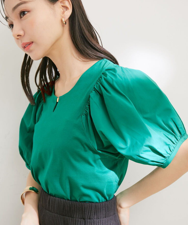 VIS「【接触冷感・洗える】【前後2WAY】異素材ボリュームスリーブカットソー」|Tシャツ・カットソー|グリーン(30)