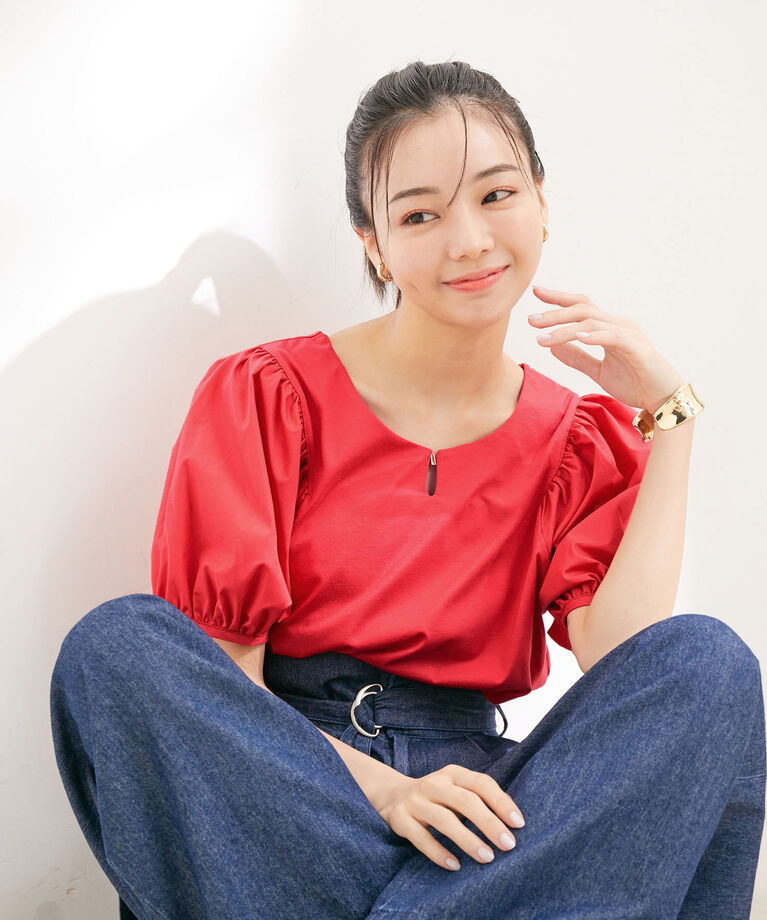 VIS「【接触冷感・洗える】【前後2WAY】異素材ボリュームスリーブカットソー」|Tシャツ・カットソー|レッド系(62)