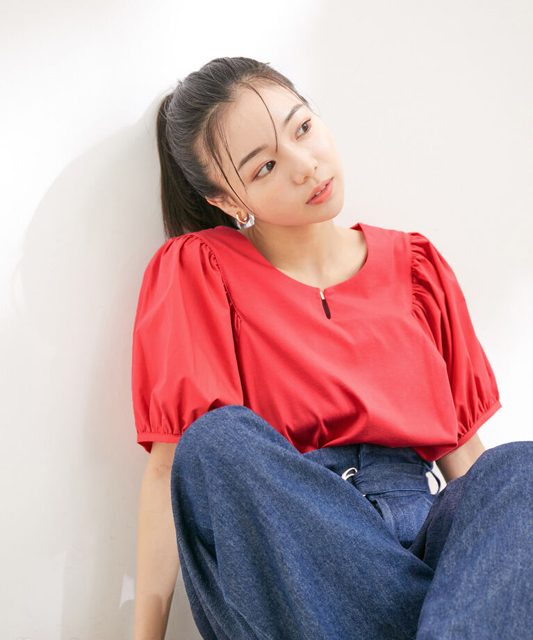 VIS「【接触冷感・洗える】【前後2WAY】異素材ボリュームスリーブカットソー」|Tシャツ・カットソー|