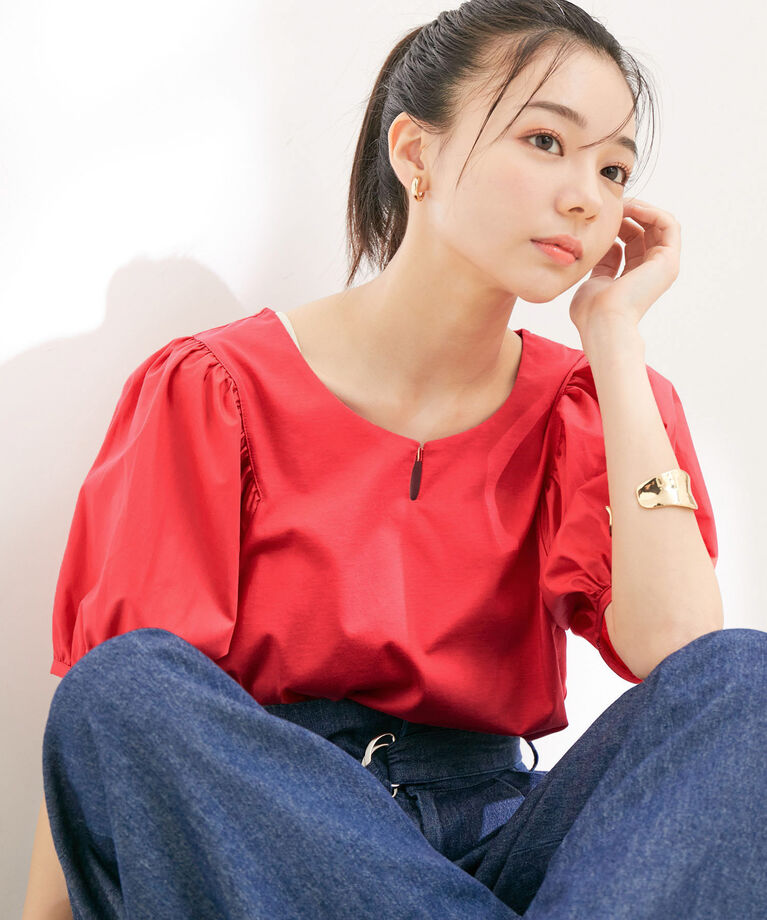 VIS「【接触冷感・洗える】【前後2WAY】異素材ボリュームスリーブカットソー」|Tシャツ・カットソー|