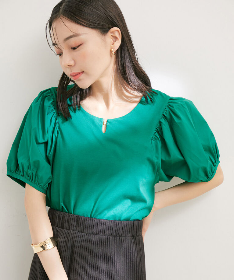 VIS「【接触冷感・洗える】【前後2WAY】異素材ボリュームスリーブカットソー」|Tシャツ・カットソー|