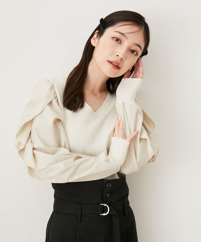VIS「【洗える】袖フリルドッキングニットトップス」|ニット・セーター|