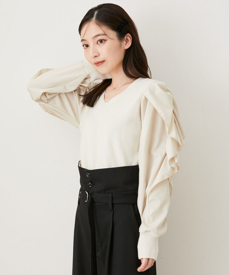 VIS「【洗える】袖フリルドッキングニットトップス」|ニット・セーター|