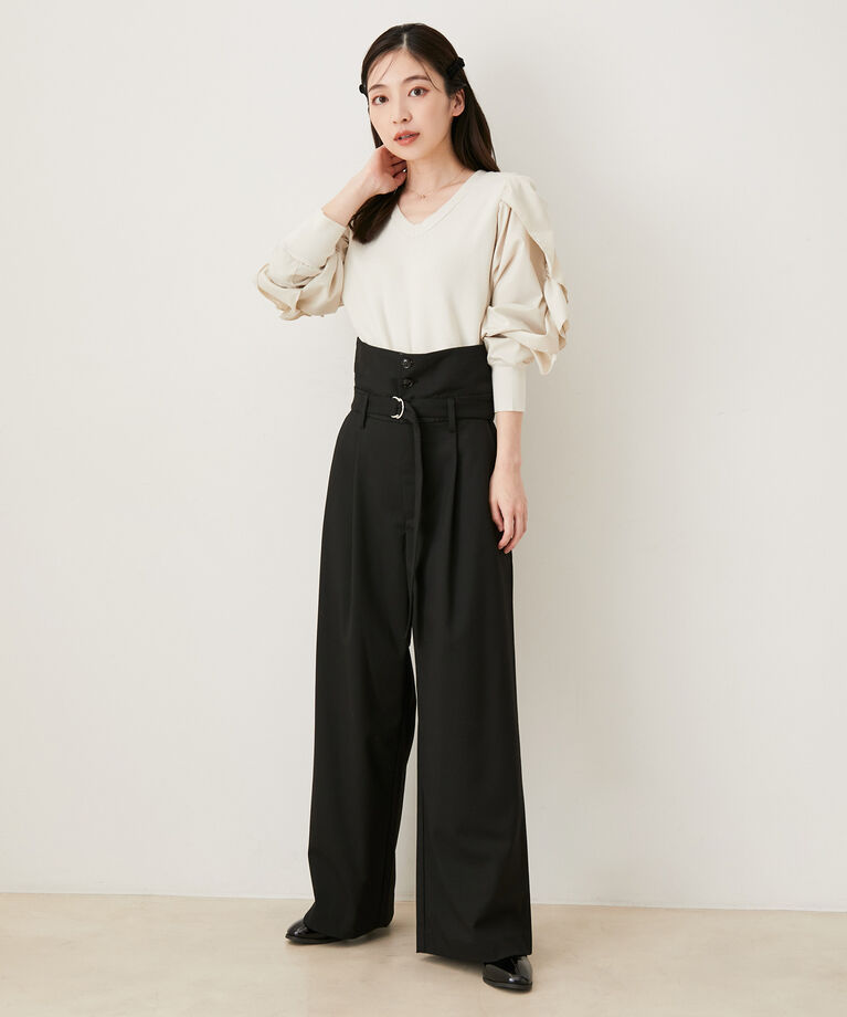 VIS「【洗える】袖フリルドッキングニットトップス」|ニット・セーター|