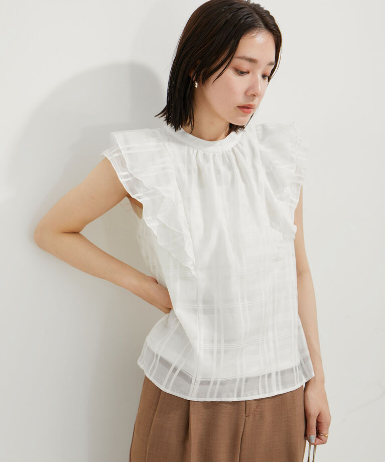 VIS「【夏トップス総選挙/お気に入り登録No.2】シアーチェックフリルブラウス」|シャツ・ブラウス|オフホワイト(15)