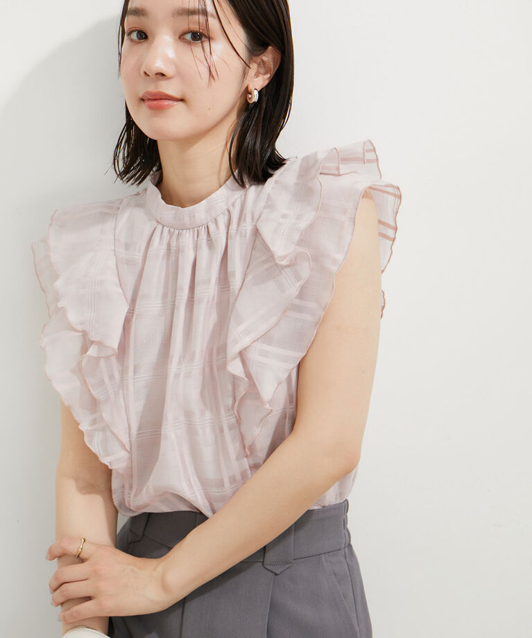 VIS「【夏トップス総選挙/お気に入り登録No.2】シアーチェックフリルブラウス」|シャツ・ブラウス|ピンク(63)