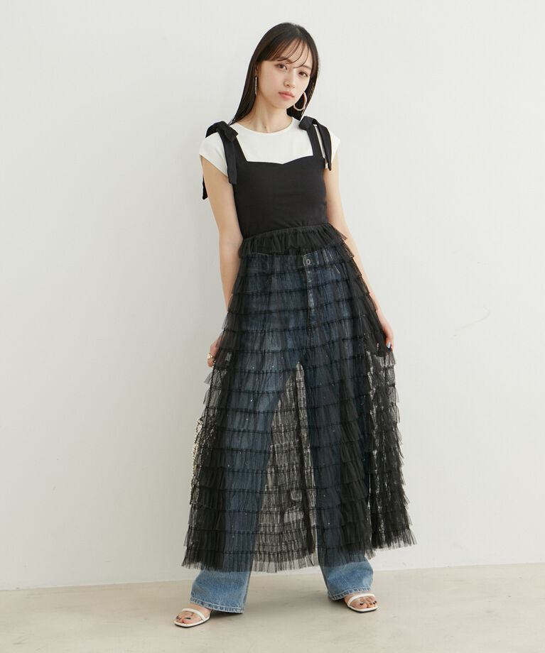 VIS「【WEB限定】肩リボンチュールティアードワンピース」|ワンピース|