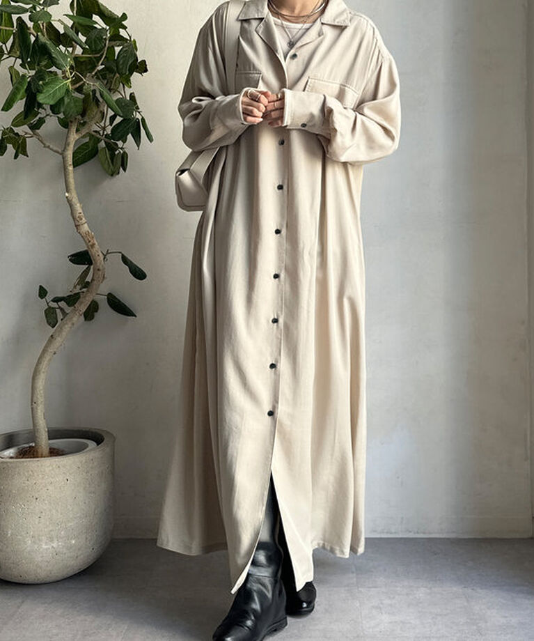  「【新色追加/全骨格対応】リヨセルロングシャツドレス」|ワンピース|ライトベージュ