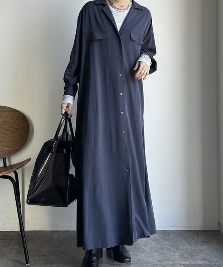  「【新色追加/全骨格対応】リヨセルロングシャツドレス」|ワンピース|ネイビー