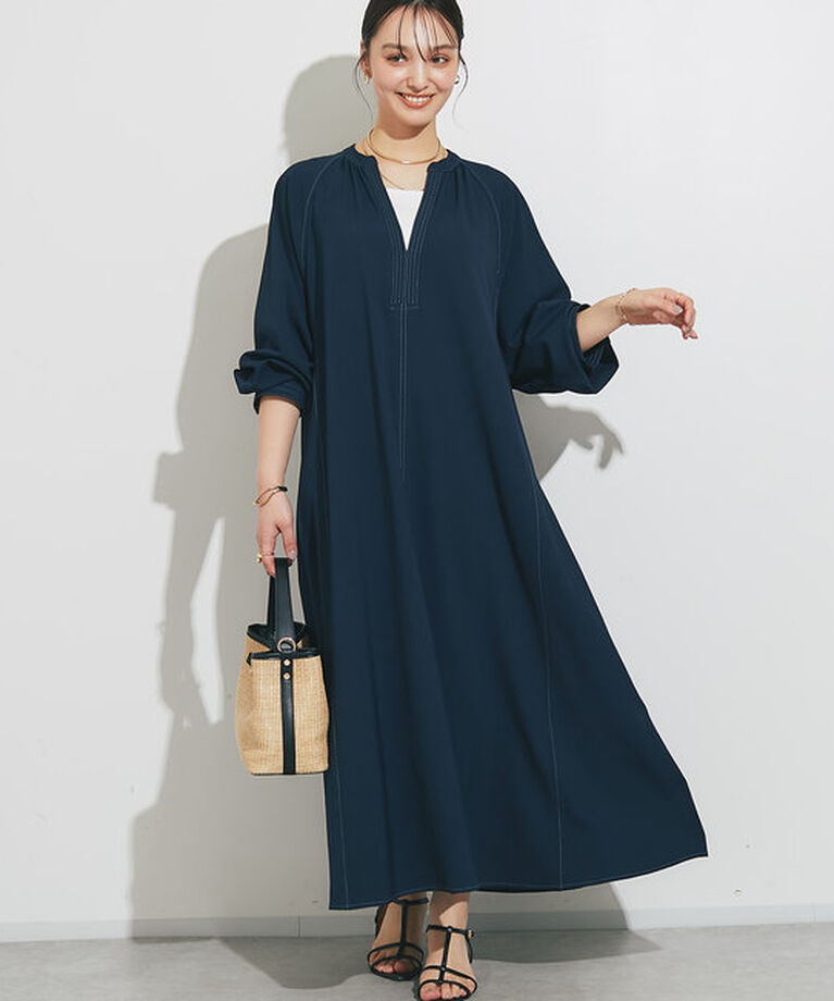  「《大人気アイテムが春仕様で登場！》配色ステッチ深Vロングワンピース」|その他|