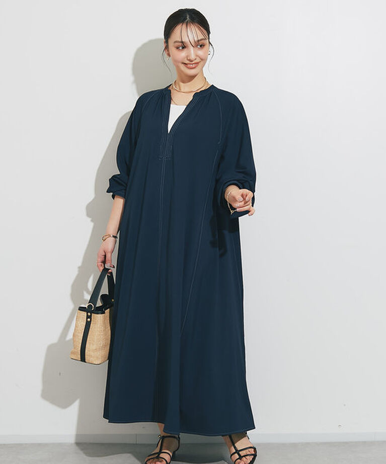  「《大人気アイテムが春仕様で登場！》配色ステッチ深Vロングワンピース」|その他|