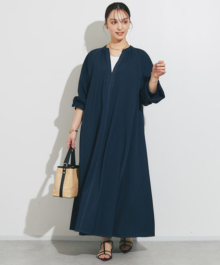  「《大人気アイテムが春仕様で登場！》配色ステッチ深Vロングワンピース」|その他|