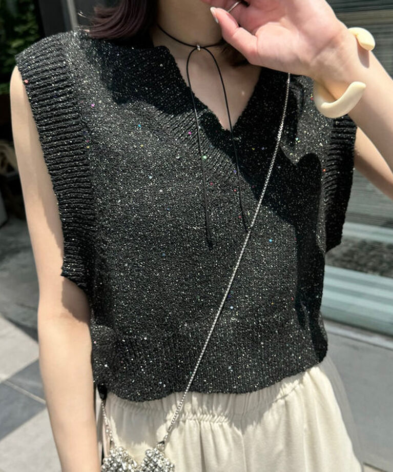  「【EC限定カラーあり/BRN・BLK2】スパンコールニットベスト」|ニット・セーター|