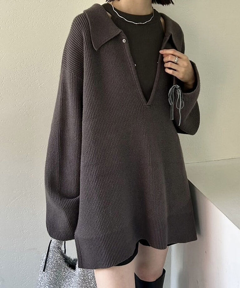  「【サイズ展開あり】襟付きBIGニット」|ニット・セーター|チャコールグレー