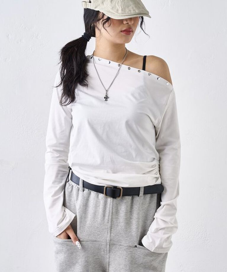  「ワンオフショルスタッズドロストトップス」|Tシャツ・カットソー|