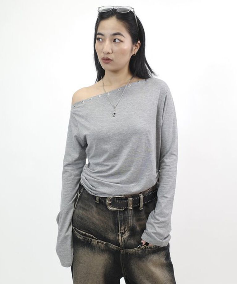  「ワンオフショルスタッズドロストトップス」|Tシャツ・カットソー|