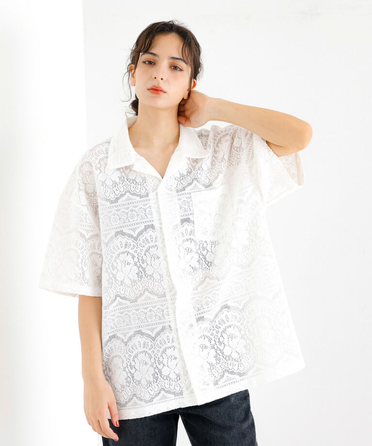 ABAHOUSE「【Revo.レボ】透かし編みニットオープンカラー半端袖シャツ【予約】」|シャツ・ブラウス|ホワイト
