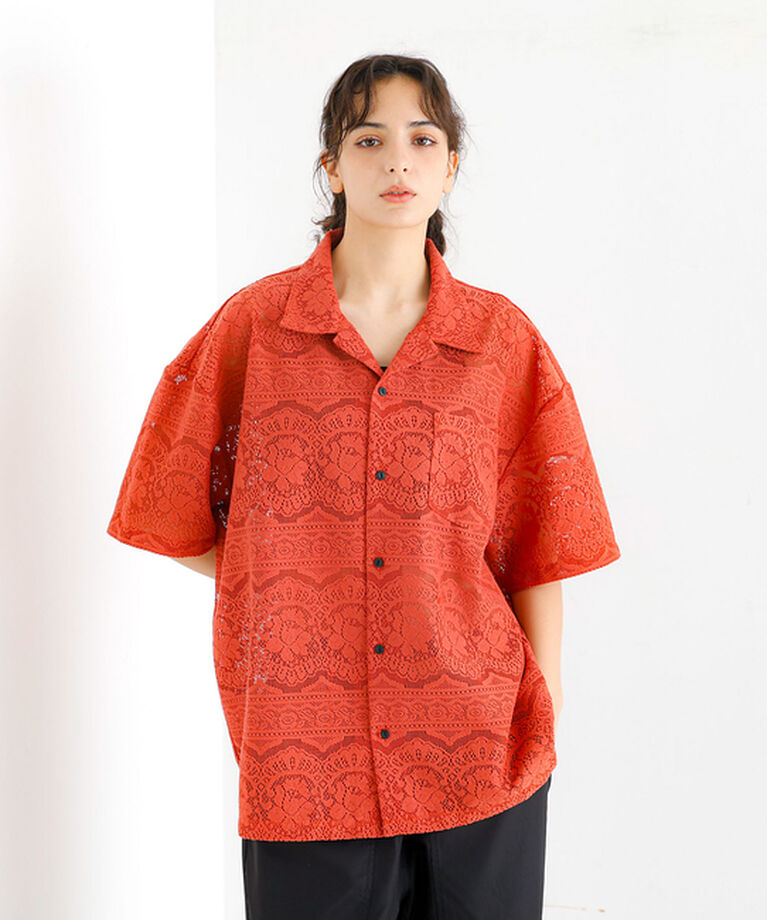 ABAHOUSE「【Revo.レボ】透かし編みニットオープンカラー半端袖シャツ【予約】」|シャツ・ブラウス|テラコッタ