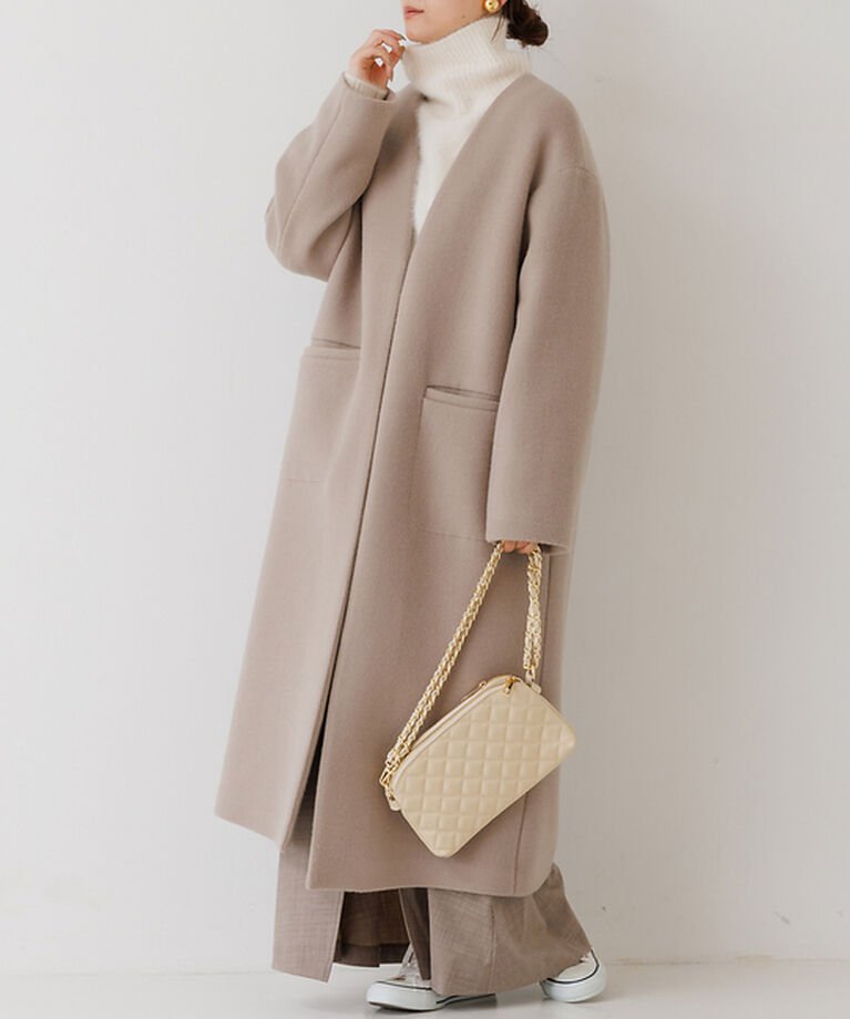 Rouge vif「ノーカラー ロングコート」|ノーカラーコート|ベージュ