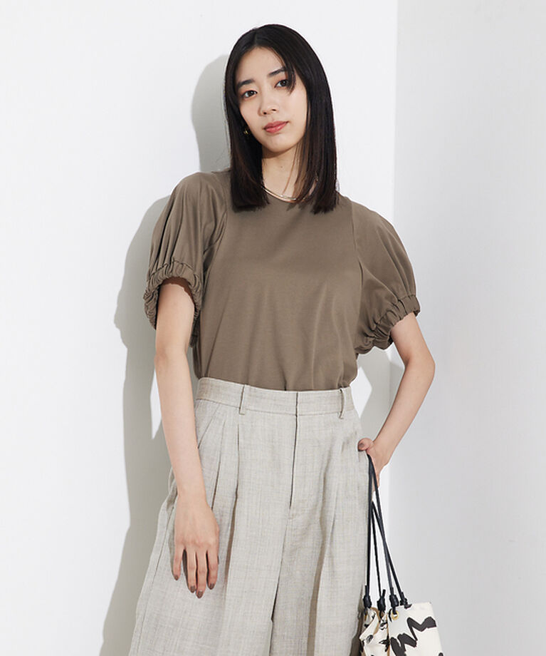 qualite「袖ギャザーカットTOP」|Tシャツ・カットソー|カーキ