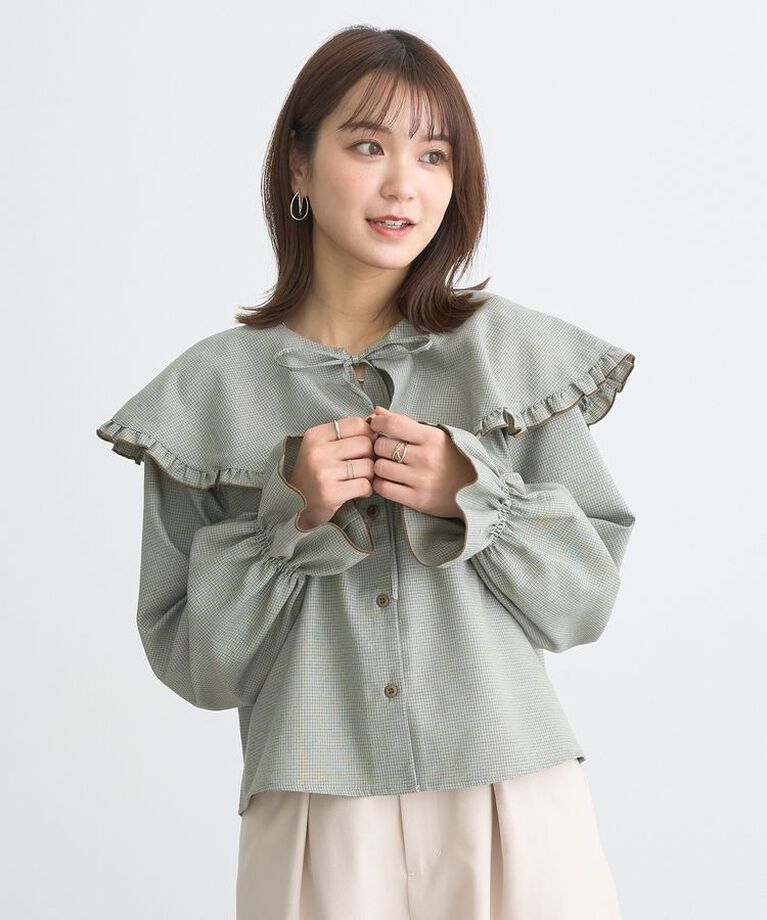 earth music&ecology「ラッフルカラーチェックブラウス」|シャツ・ブラウス|Green