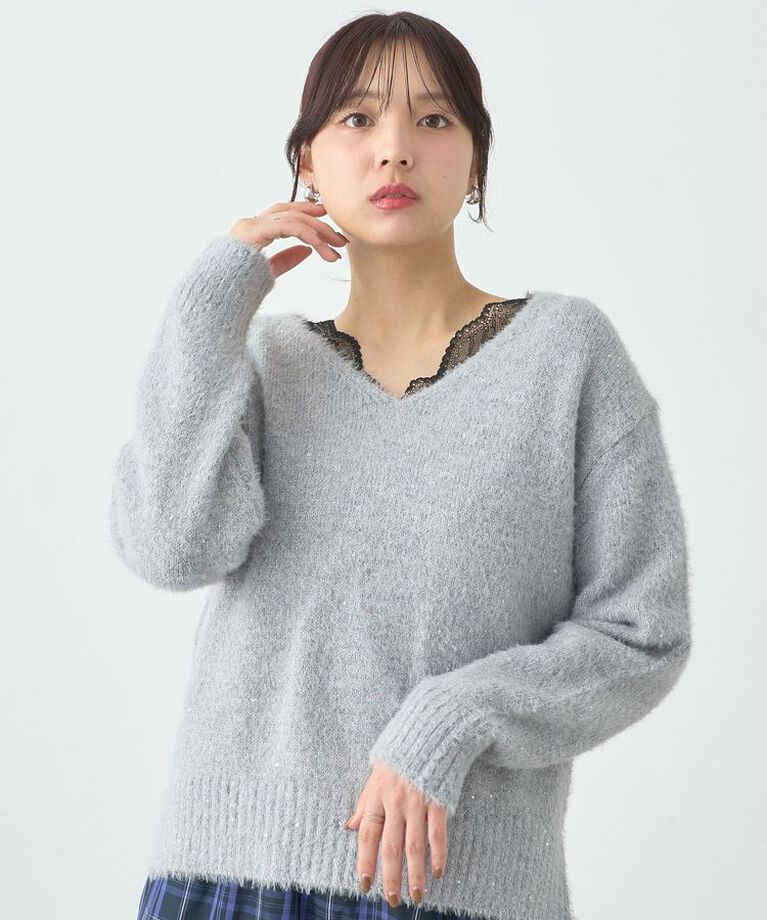 earth music&ecology「スパンコールシャギーVネックプルオーバー」|ニット・セーター|Gray