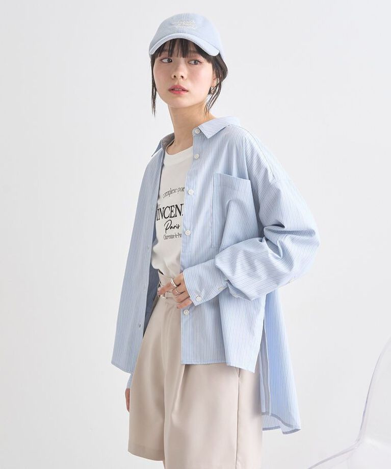 earth music&ecology「サイドスリットストライプオーバーシャツ　25SS 接触冷感 UVカット 春 夏」|シャツ・ブラウス|