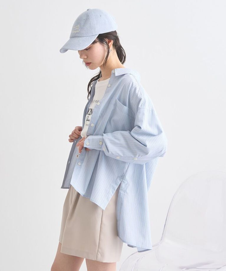 earth music&ecology「サイドスリットストライプオーバーシャツ　25SS 接触冷感 UVカット 春 夏」|シャツ・ブラウス|