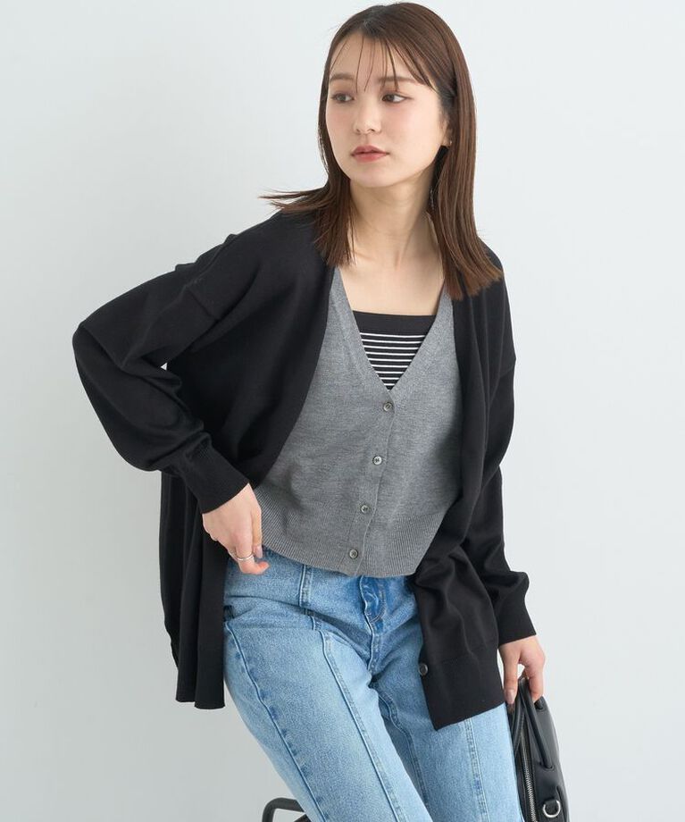 earth music&ecology「レイヤード風ニットカーディガン」|カーディガン|Black