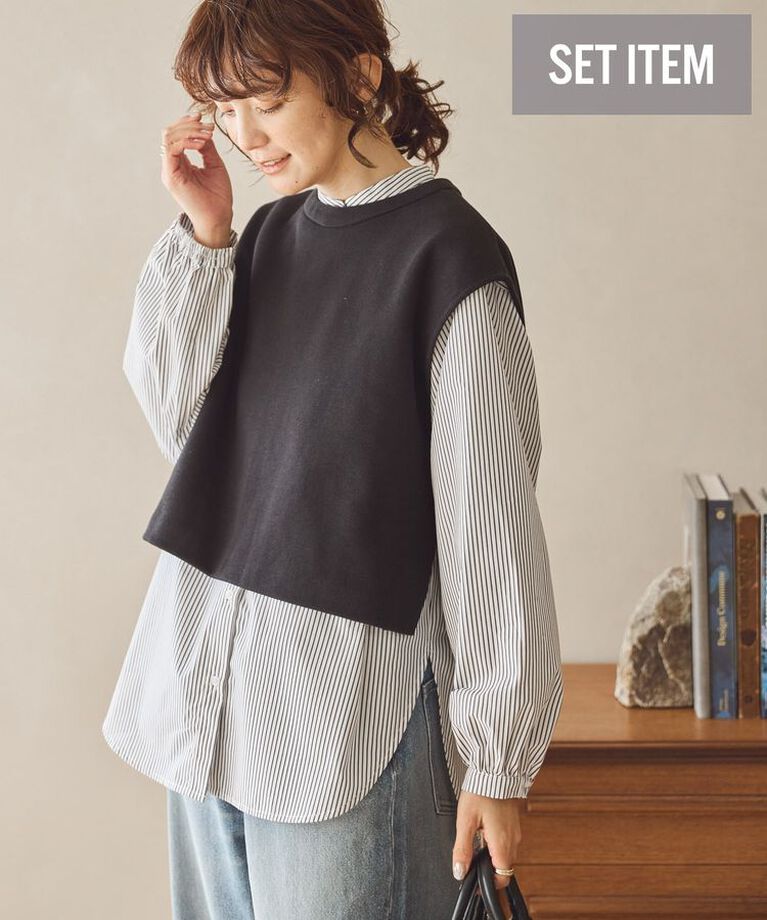 AMERICAN HOLIC「SET イージーケアロングシャツ+ポンチベスト/チュニック」|シャツ・ブラウス|Stripe