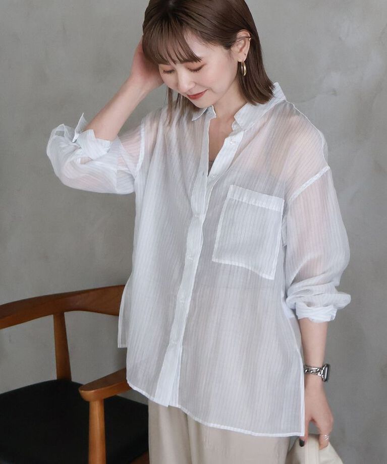 AMERICAN HOLIC「シアーシャツ　|　25SS/春夏/レディース/カジュアル/ゆったりシルエット/軽量/トレンド」|シャツ・ブラウス|ストライプホワイト