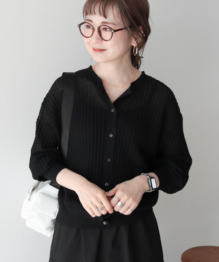 AMERICAN HOLIC「柄編みニットカーディガン　|　25SS/春夏/レディース/カジュアル/冷房対策/クルーネック」|カーディガン|Black