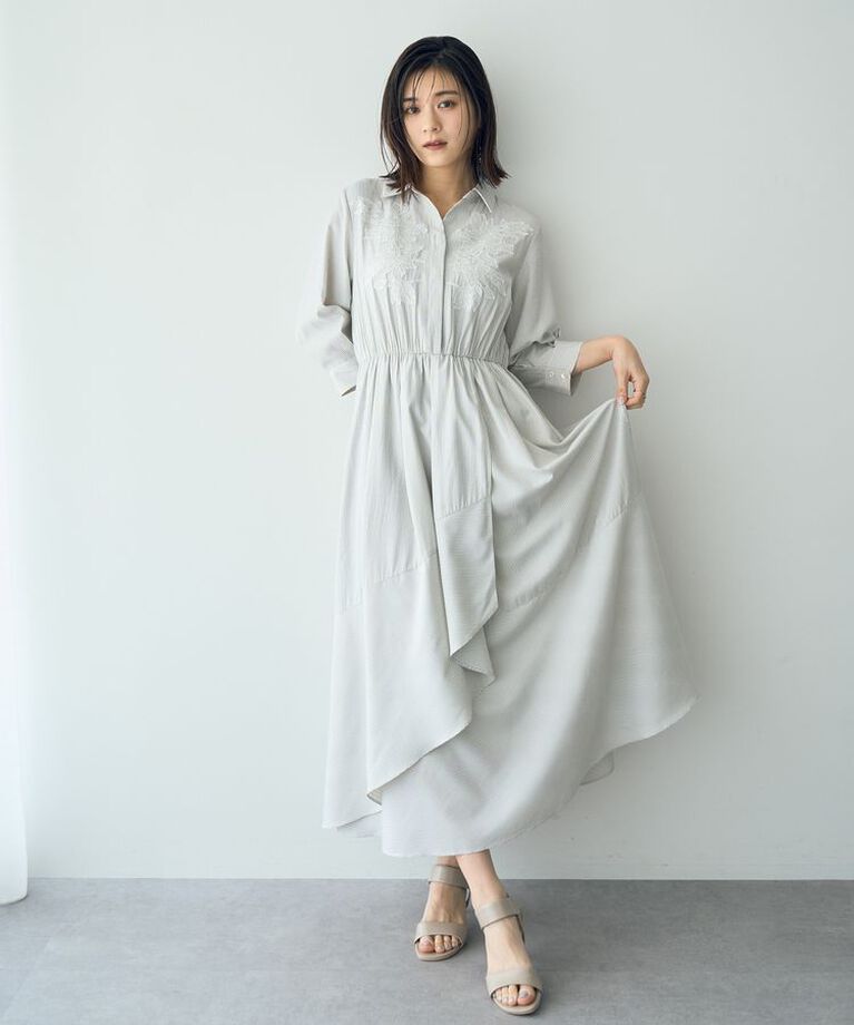 YECCA VECCA「フラワーレースストライプ柄ワンピース」|ワンピース|Light beige