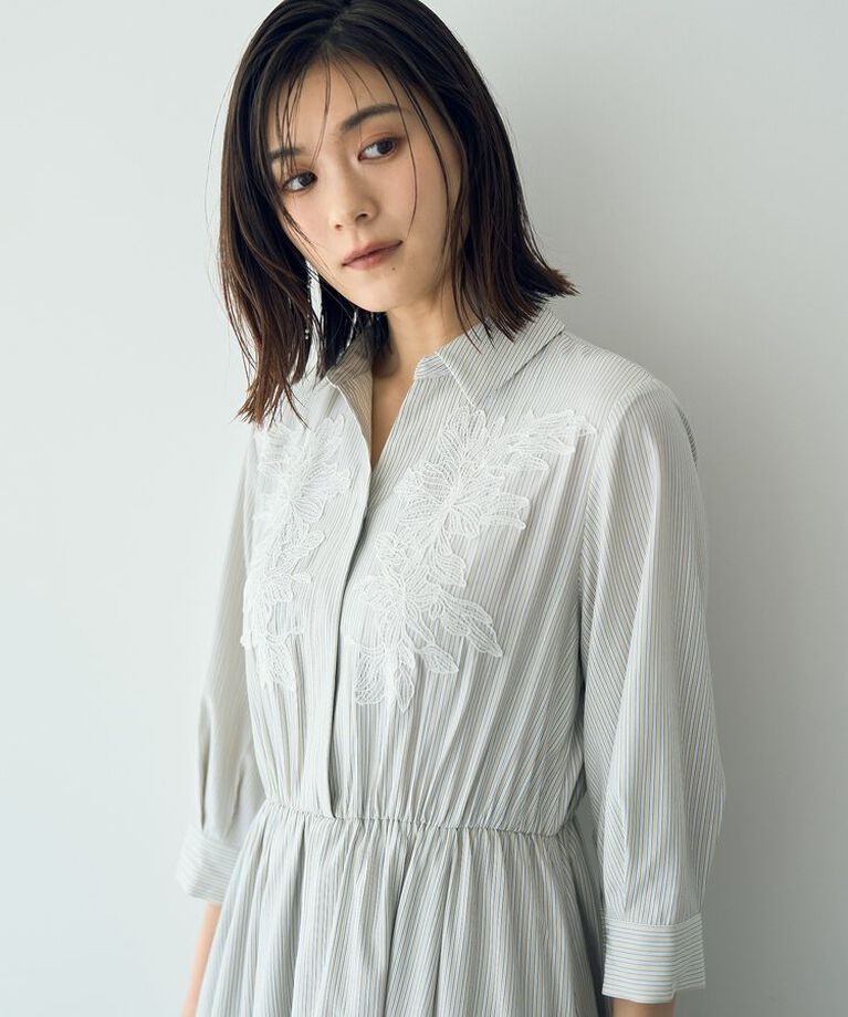 YECCA VECCA「フラワーレースストライプ柄ワンピース」|ワンピース|