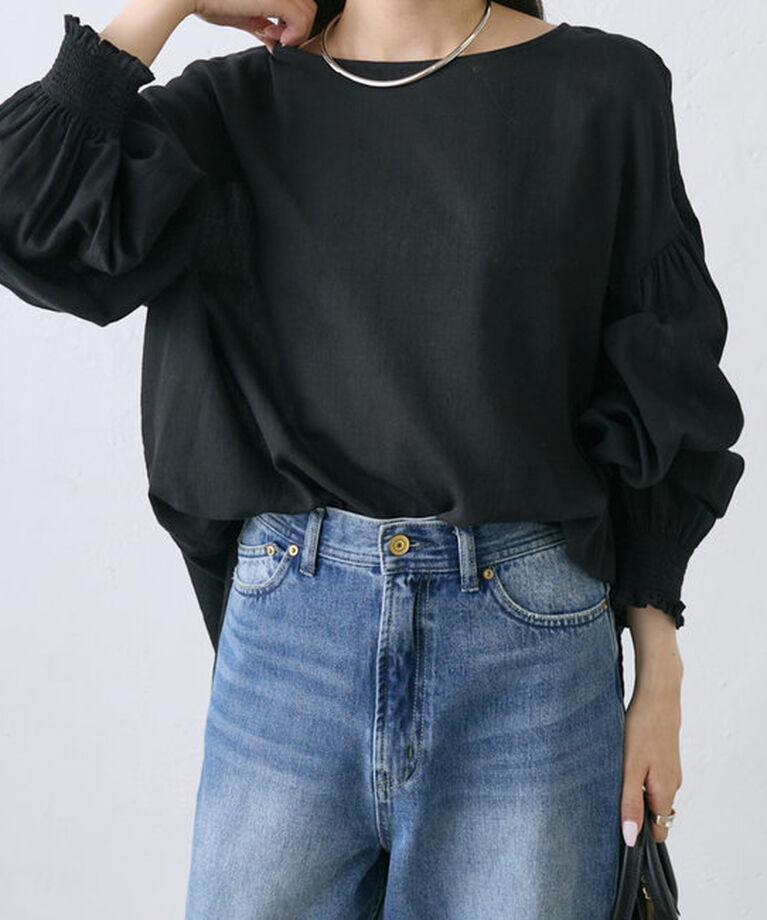  「【WEB限定】コットンガーゼ袖シャーリングプルオーバー」|シャツ・ブラウス|ブラック