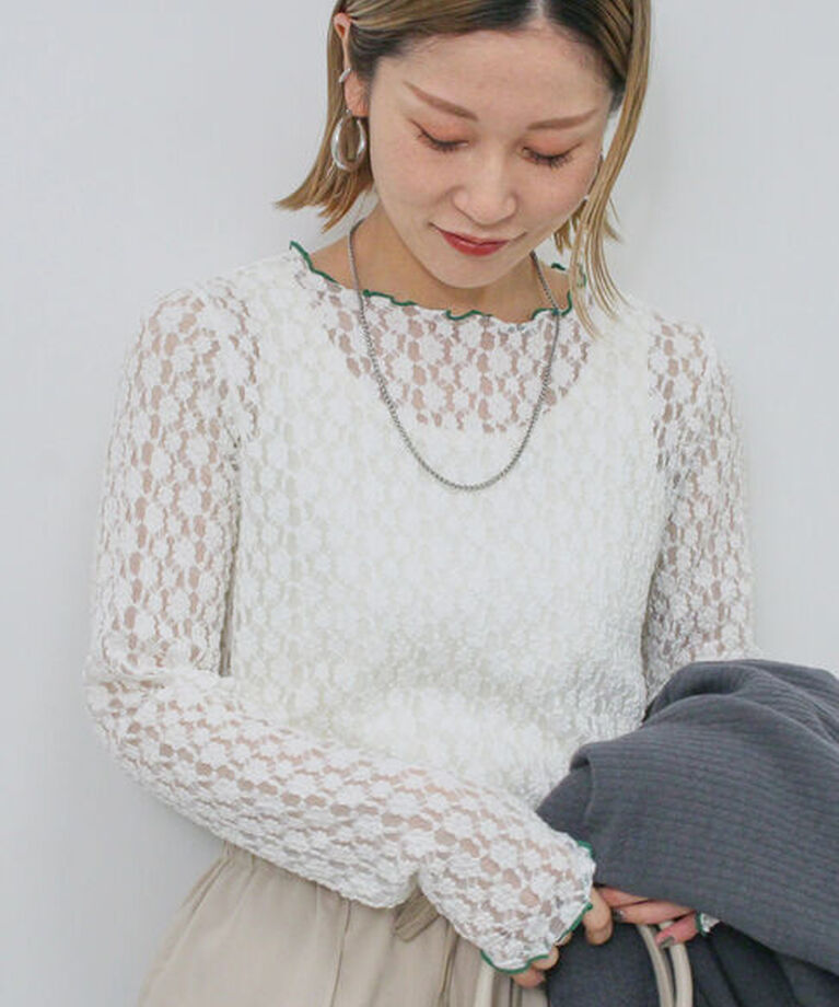 Samansa Mos2 blue「◎配色メロウレースプルオーバー」|Tシャツ・カットソー|オフホワイト