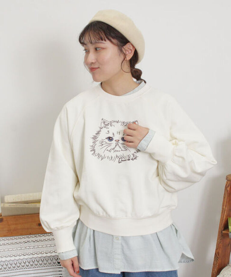Samansa Mos2「ネコプリント刺繍スウェット」|Tシャツ・カットソー|オフホワイト
