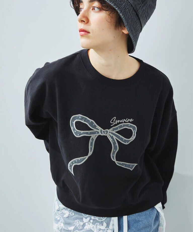 Samansa Mos2「リボン&ロゴチュールアップリケ刺繍スウェット」|Tシャツ・カットソー|