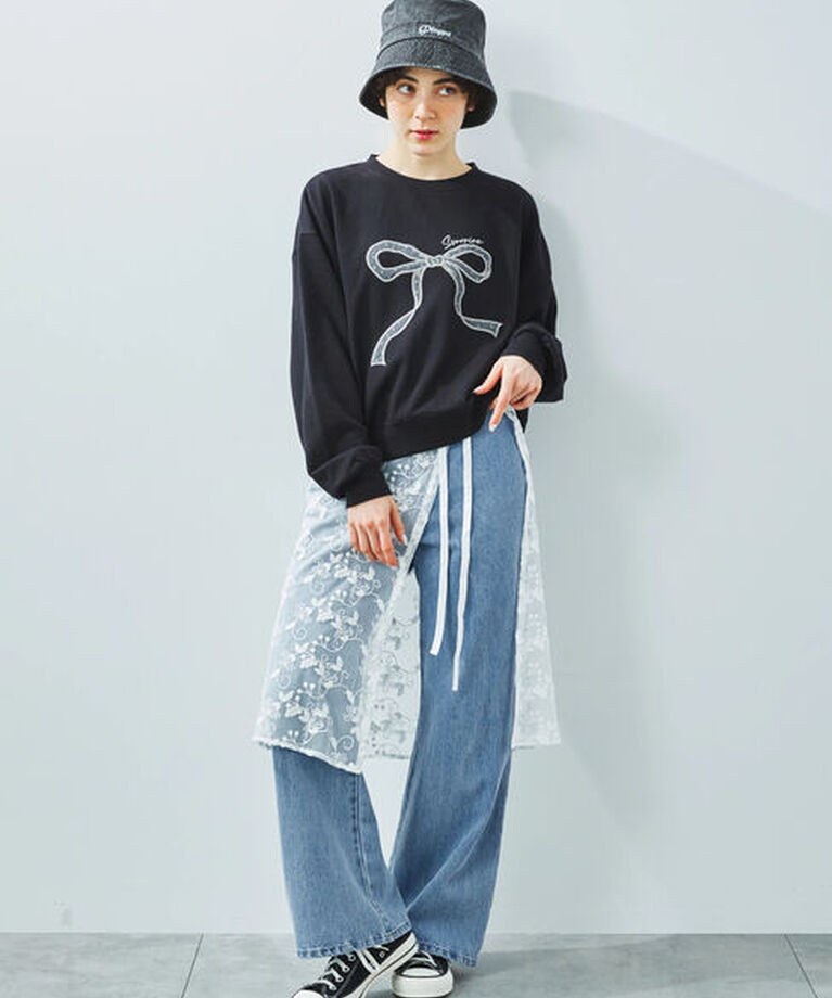 Samansa Mos2「リボン&ロゴチュールアップリケ刺繍スウェット」|Tシャツ・カットソー|