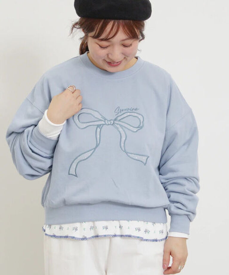 Samansa Mos2「リボン&ロゴチュールアップリケ刺繍スウェット」|Tシャツ・カットソー|ブルー