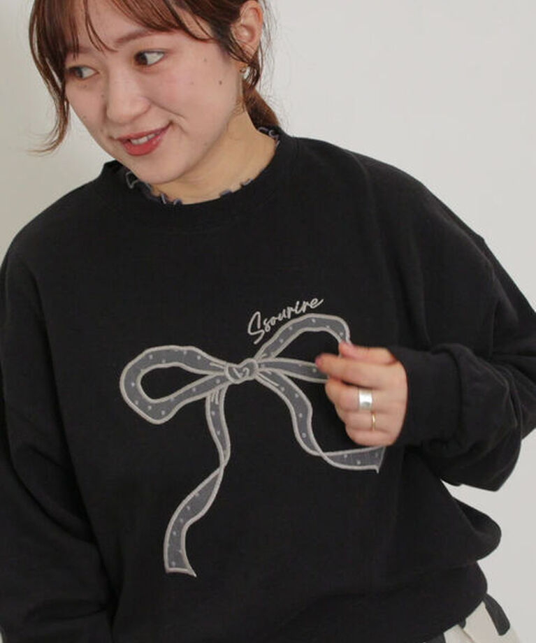 Samansa Mos2「リボン&ロゴチュールアップリケ刺繍スウェット」|Tシャツ・カットソー|