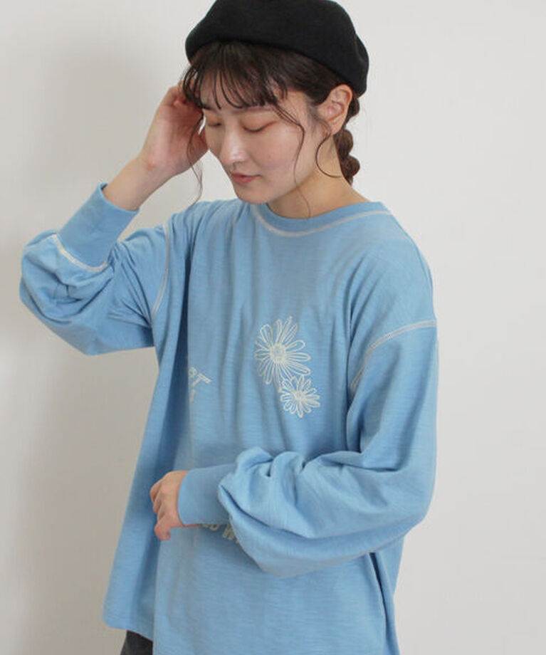 Samansa Mos2「配色ステッチプリントアソートロングTシャツ」|Tシャツ・カットソー|ブルー