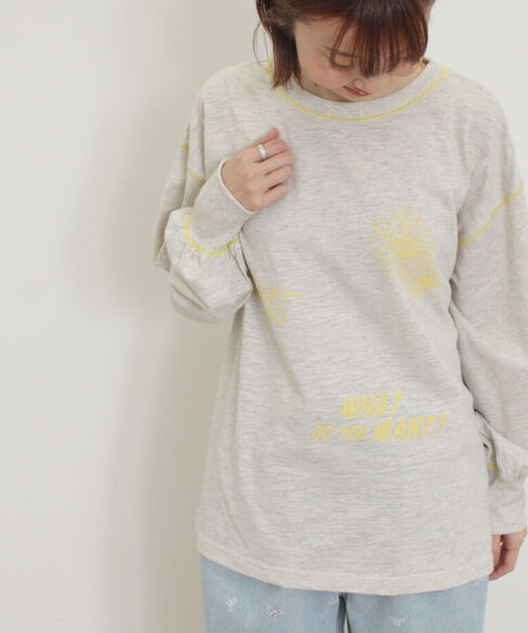 Samansa Mos2「配色ステッチプリントアソートロングTシャツ」|Tシャツ・カットソー|グレー